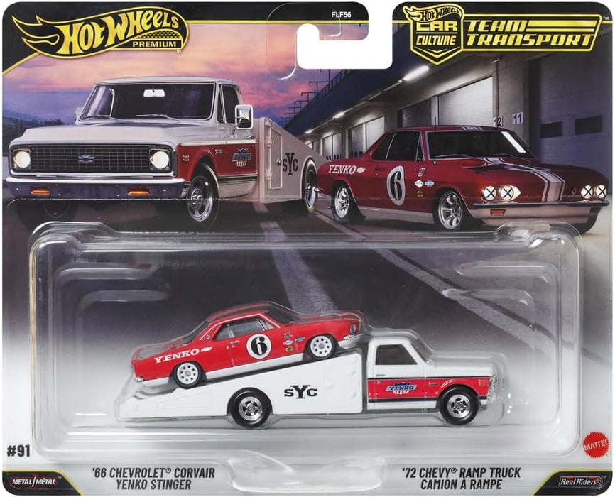 Hot Wheels Premier Team Transport 66 Chevrolet Corvair Yenko Stinger & '72 Chevy Ramp Truck Camion A Rampe